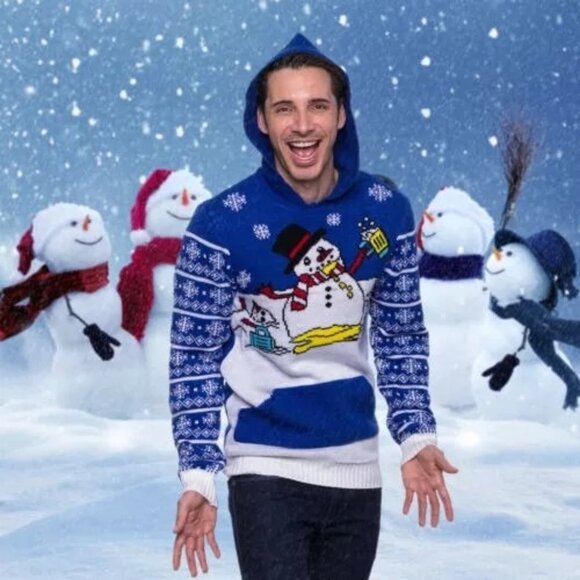 UGLY CHRISTMAS SWEATER HOODIE SZ S SNOWMAN BY FUNZIES BLUE WHITE WINTER WOMENS - Picture 5 of 5